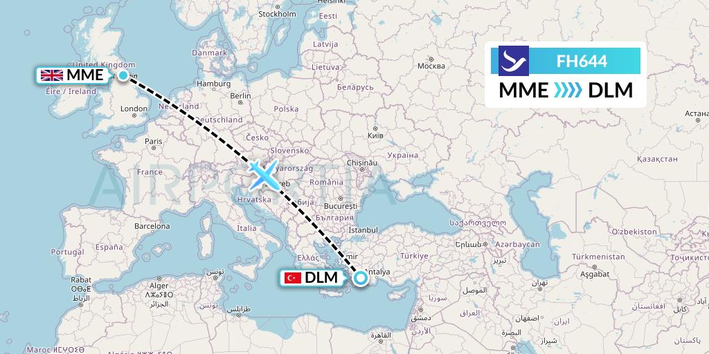FH644 Freebird Airlines Flight Map: Darlington to Dalaman