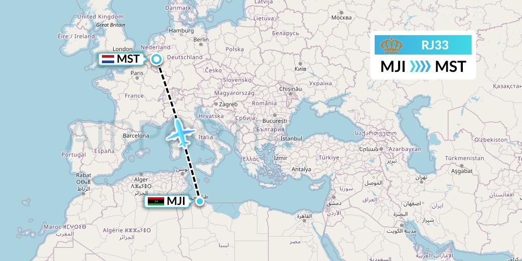 RJ33 Royal Jordanian Flight Map: Tripoli to Maastricht