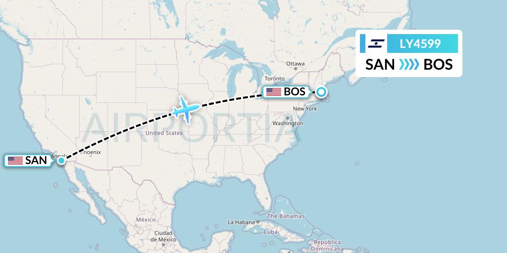 LY4599 El Al Flight Map: San Diego to Boston