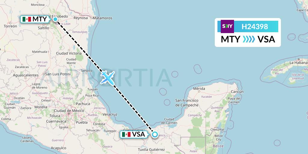 H24398 Sky Airline Flight Map: Monterrey to Villahermosa