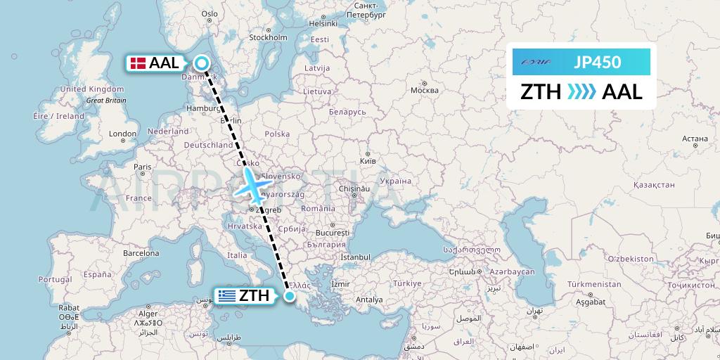 JP450 Adria Airways Flight Map: Zakynthos to Aalborg