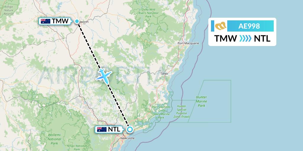 AE998 Mandarin Airlines Flight Map: Tamworth to Newcastle