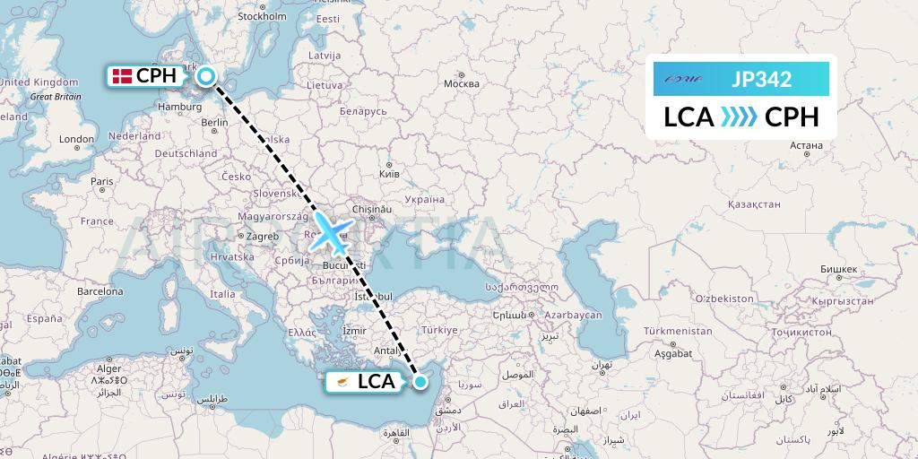 JP342 Adria Airways Flight Map: Larnaca to Copenhagen
