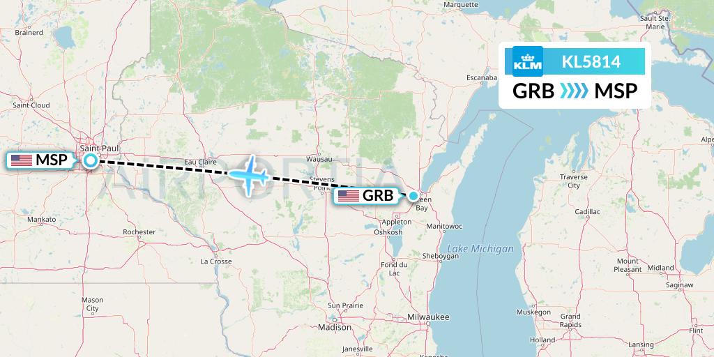 KL5814 KLM Flight Map: Green Bay to Minneapolis