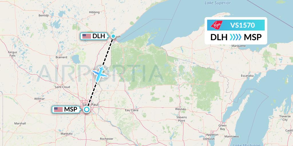 VS1570 Virgin Atlantic Airways Flight Map: Duluth to Minneapolis