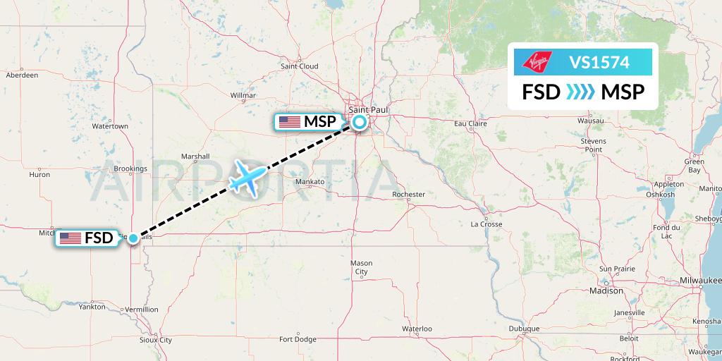 VS1574 Virgin Atlantic Airways Flight Map: Sioux Falls to Minneapolis
