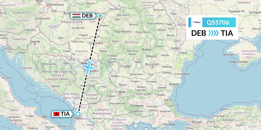 QS5706 Smartwings Flight Map: Debrecen to Tirana