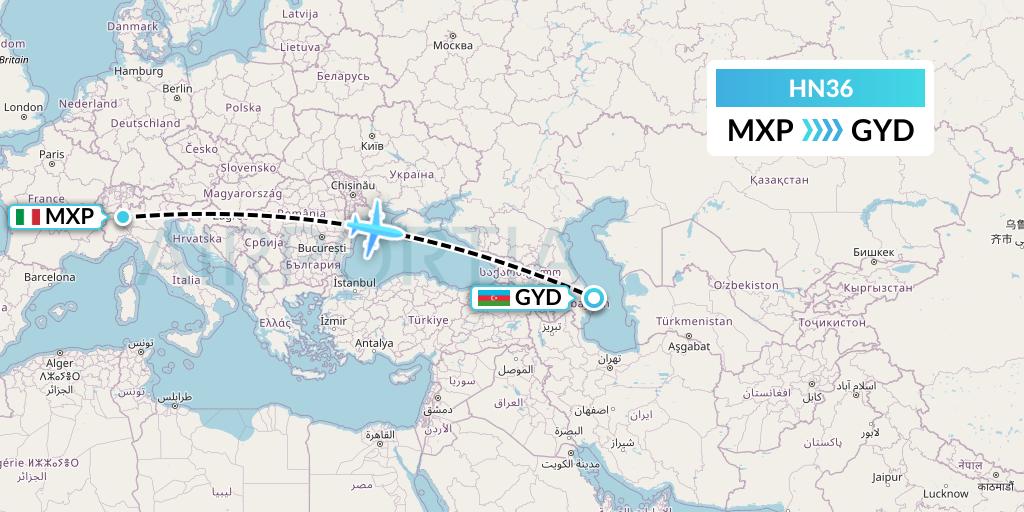 HN36 Uab Heston Airlines Jsc Heston Airl Flight Map: Milan to Baku