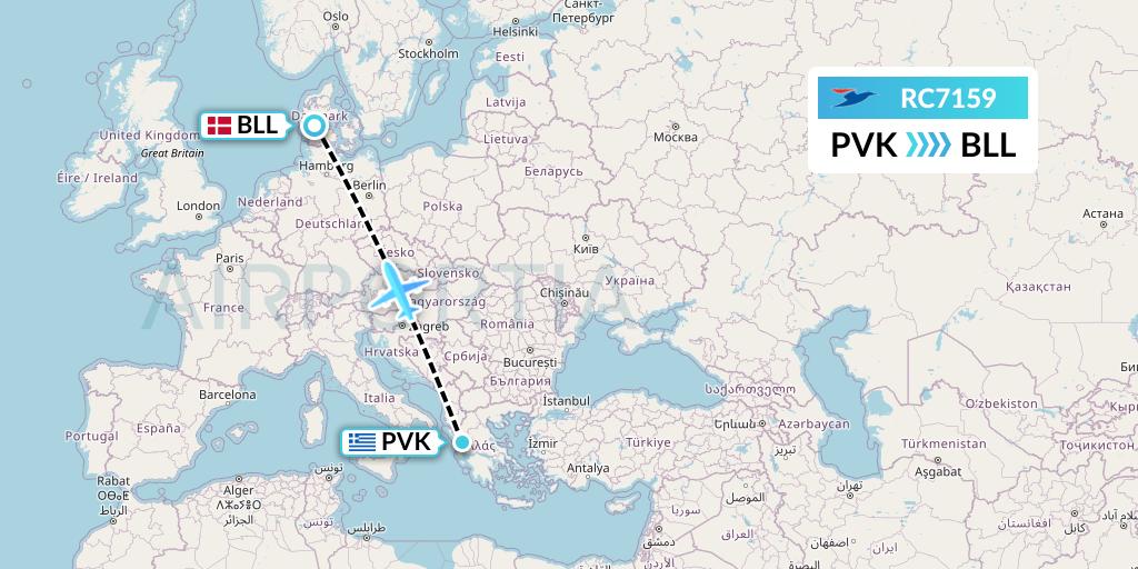 RC7159 Atlantic Airways Flight Map: Preveza to Billund
