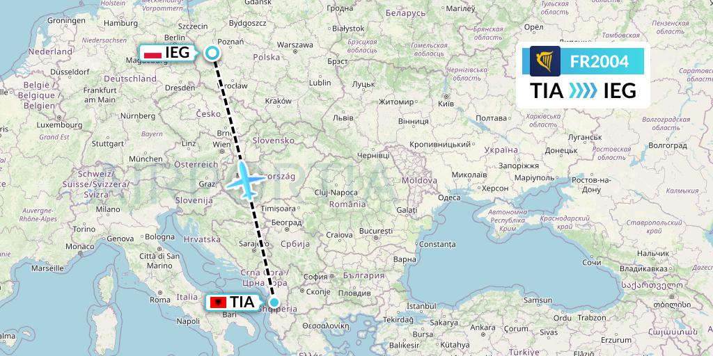 FR2004 Ryanair Flight Map: Tirana to Zielona Gora