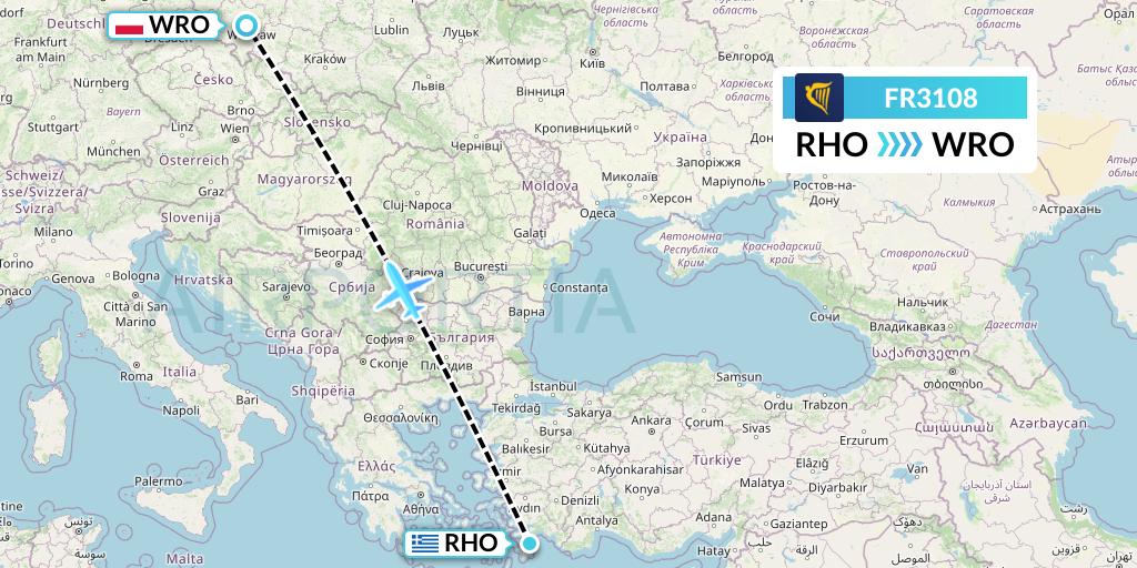 FR3108 Ryanair Flight Map: Rhodes to Wroclaw