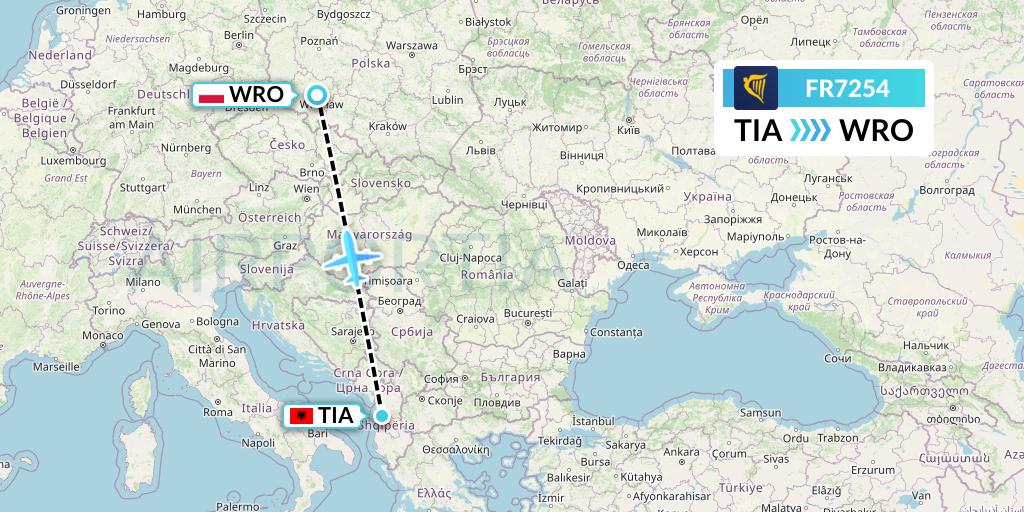 FR7254 Ryanair Flight Map: Tirana to Wroclaw