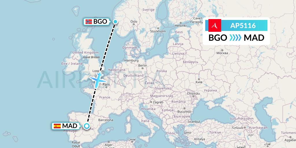 AP5116 AlbaStar Flight Map: Bergen to Madrid