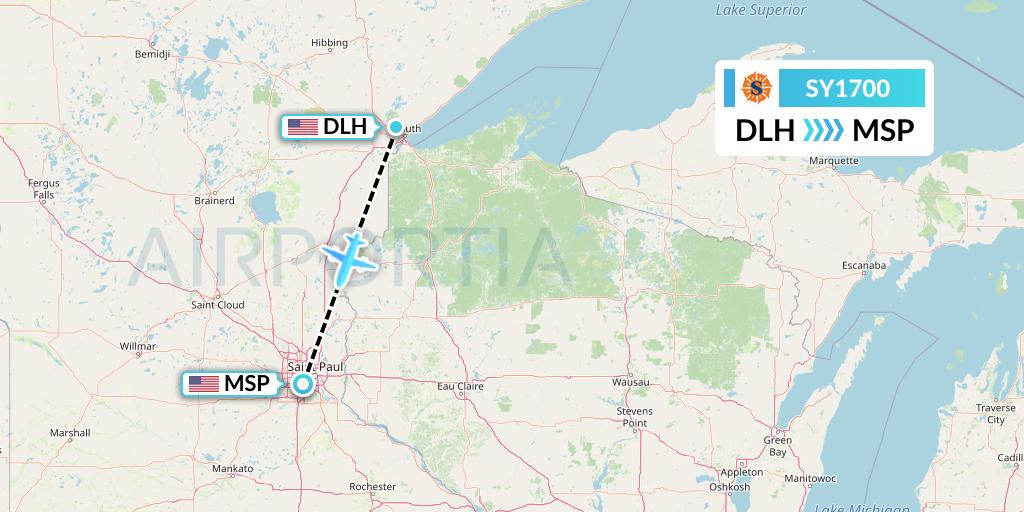 SY1700 Sun Country Airlines Flight Map: Duluth to Minneapolis