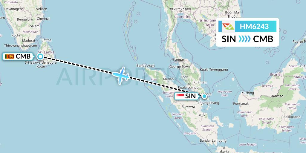 HM6243 Air Seychelles Flight Map: Singapore to Colombo