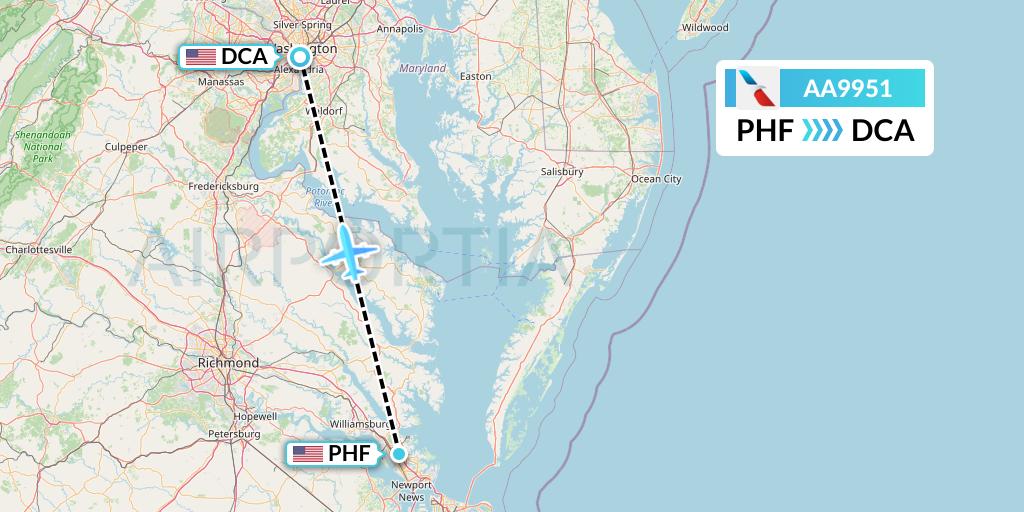 AA9951 American Airlines Flight Map: Newport News to Washington