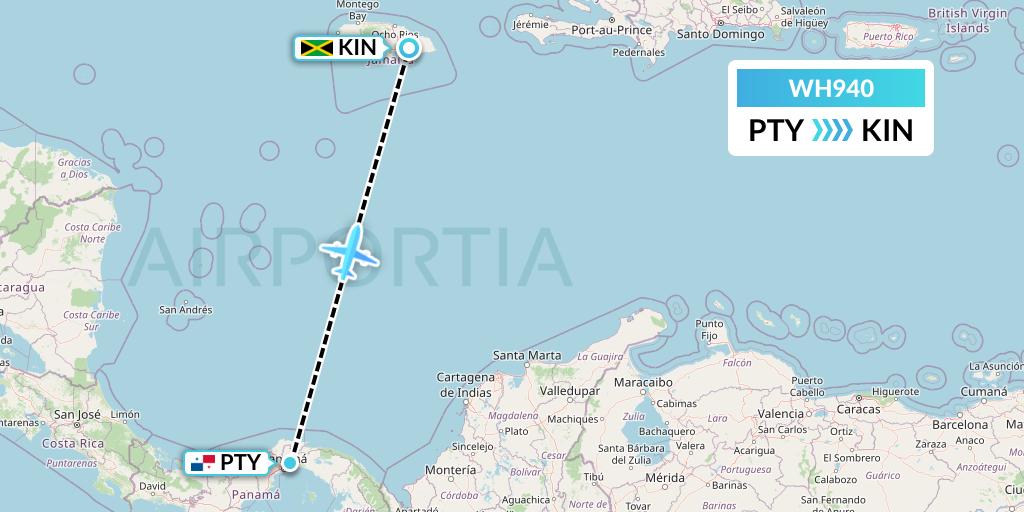 WH940 West African Airlines Flight Map: Panama City to Kingston