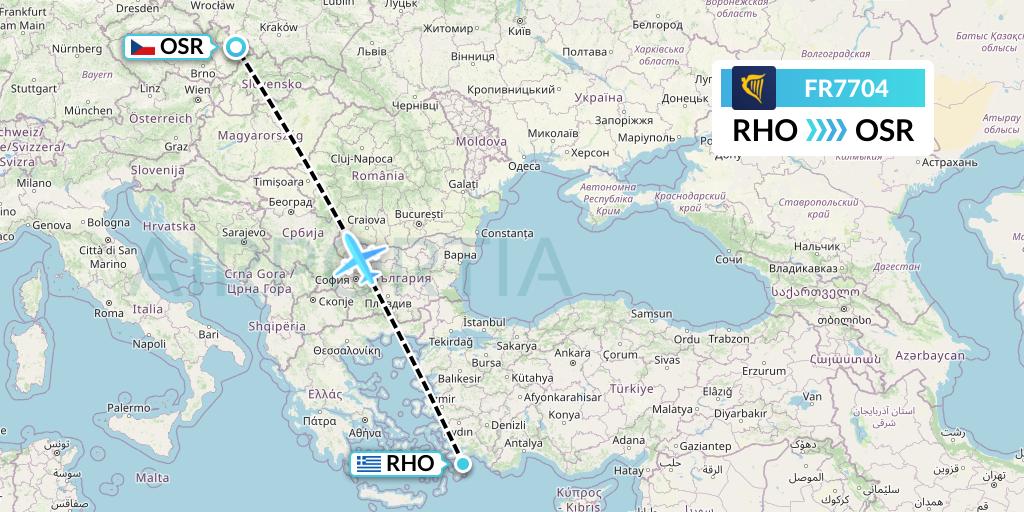 FR7704 Ryanair Flight Map: Rhodes to Ostrava