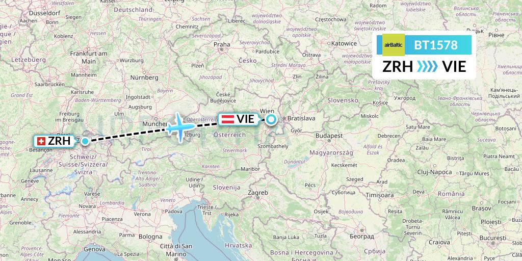 BT1578 Air Baltic Flight Map: Zurich to Vienna
