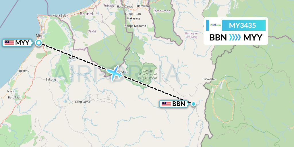 MY3435 MASwings Flight Map: Bario to Miri