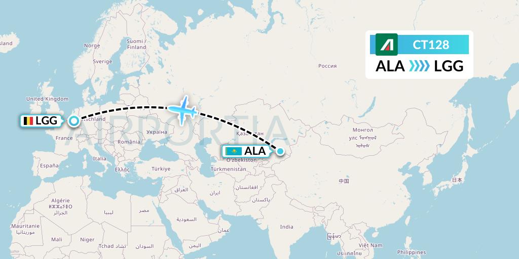 CT128 Alitalia CityLiner Flight Map: Almaty to Liege