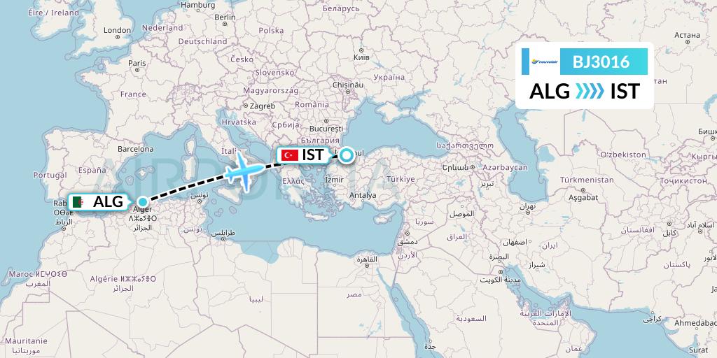 BJ3016 Nouvelair Tunisie Flight Map: Algiers to Istanbul