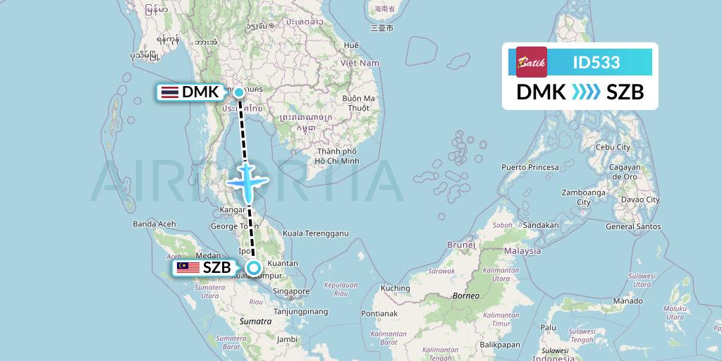 ID533 Batik Air Flight Map: Bangkok to Kuala Lumpur