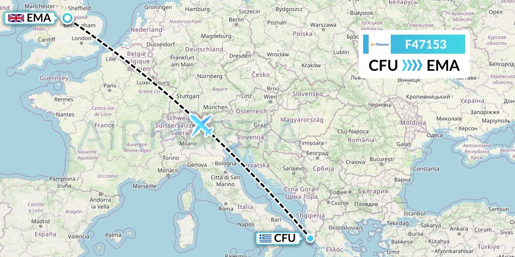F47153 Air Flamenco Flight Map: Corfu to East Midlands