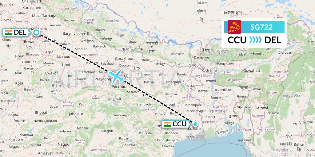 SG722 SpiceJet Flight Map: Kolkata to Delhi