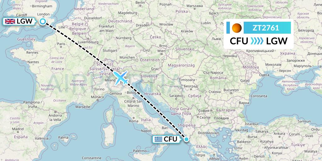 ZT2761 Titan Airways Flight Map: Corfu to London