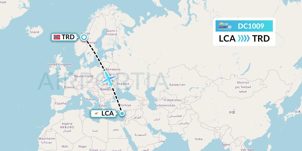 DC1009 Braathens Regional Flight Map: Larnaca to Trondheim