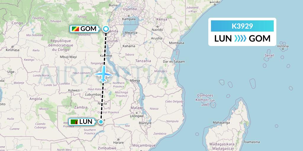 K3929 Taquan Air Flight Map: Lusaka to Goma