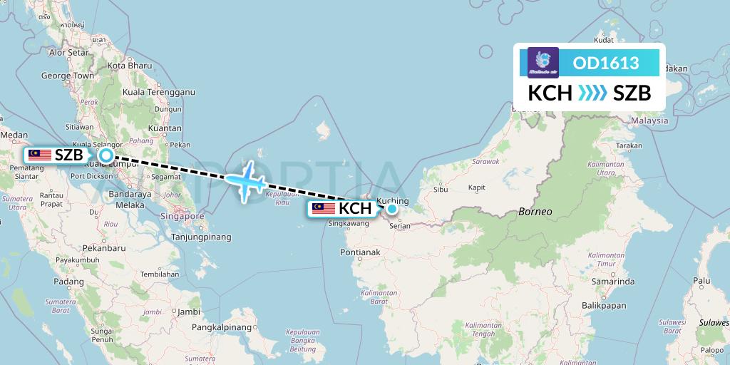 OD1613 Batik Air Malaysia Flight Map: Kuching to Kuala Lumpur