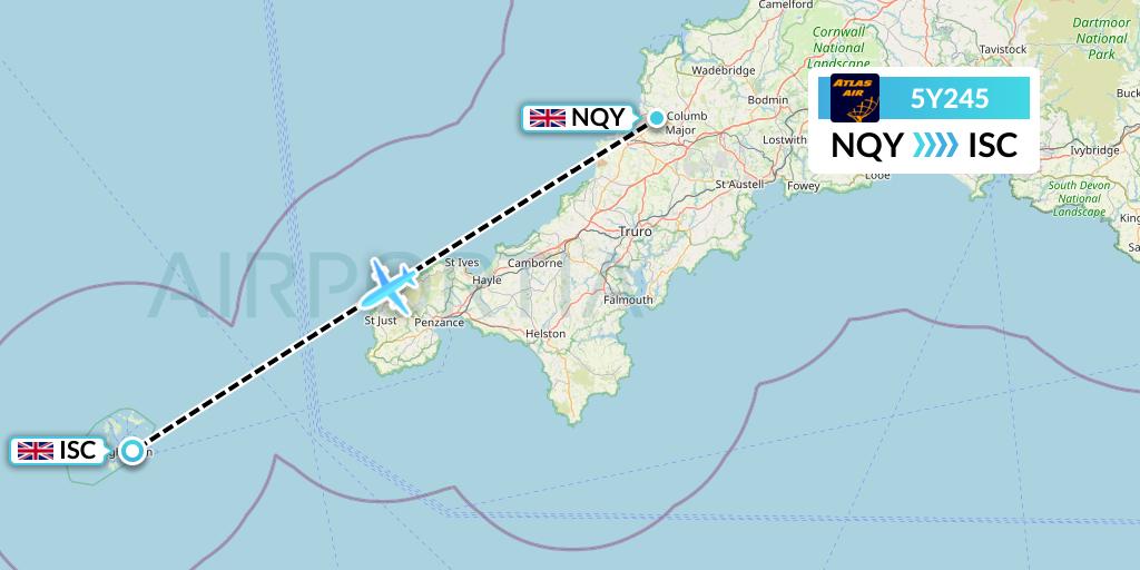 5Y245 Atlas Air Flight Map: Newquay to Isles Of Scilly
