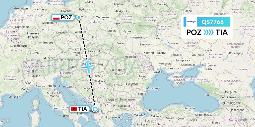 QS7768 Smartwings Flight Map: Poznan to Tirana