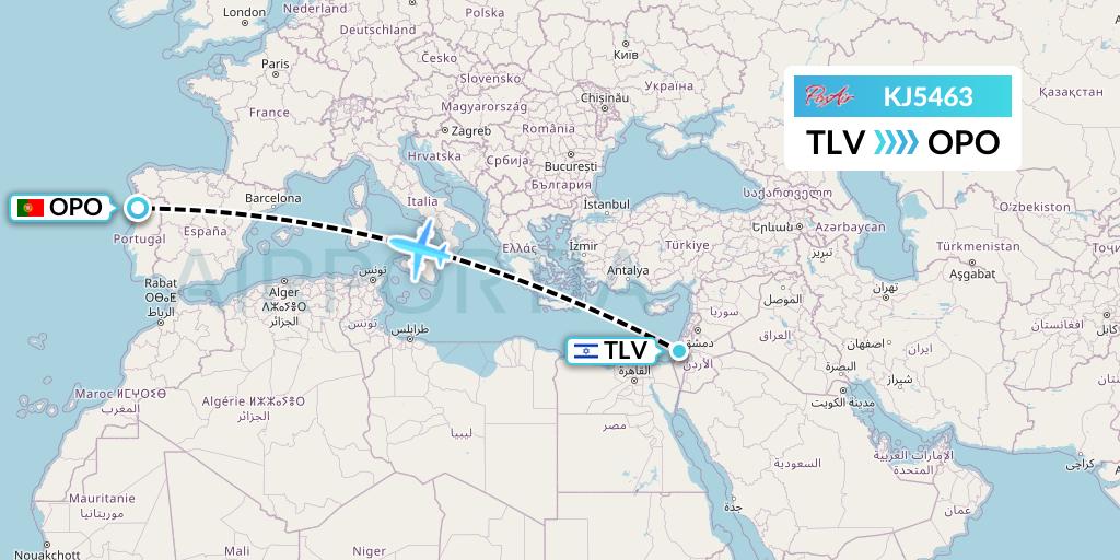 KJ5463 Air Incheon Flight Map: Tel Aviv to Porto