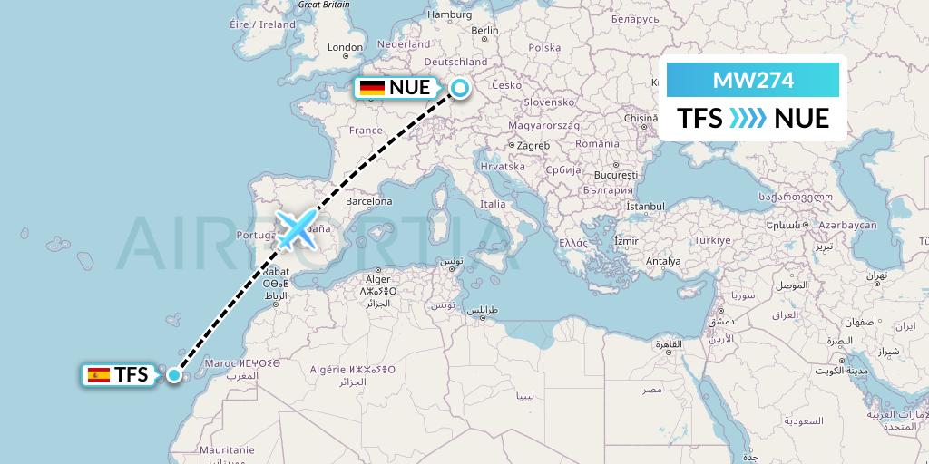 MW274 Mokulele Flight Service Flight Map: Tenerife to Nurnberg
