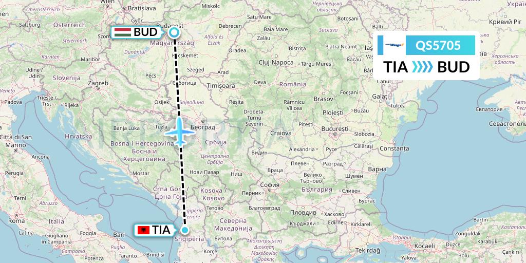 QS5705 Smartwings Flight Map: Tirana to Budapest