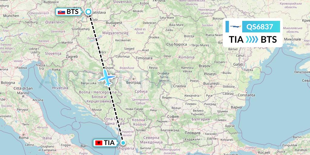 QS6837 Smartwings Flight Map: Tirana to Bratislava