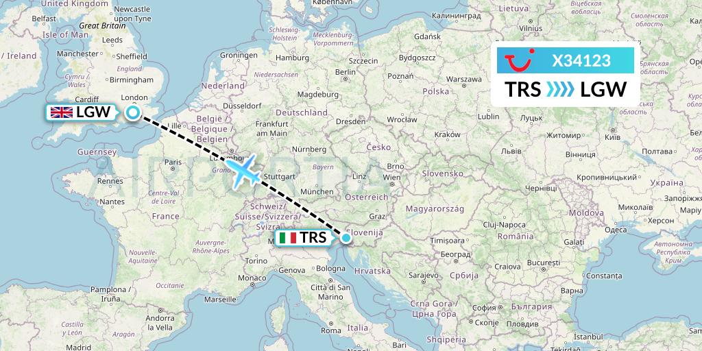 X34123 TUI fly Germany Flight Map: Trieste to London
