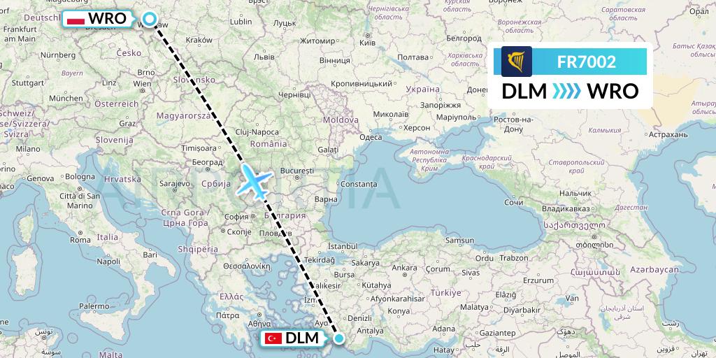 FR7002 Ryanair Flight Map: Dalaman to Wroclaw