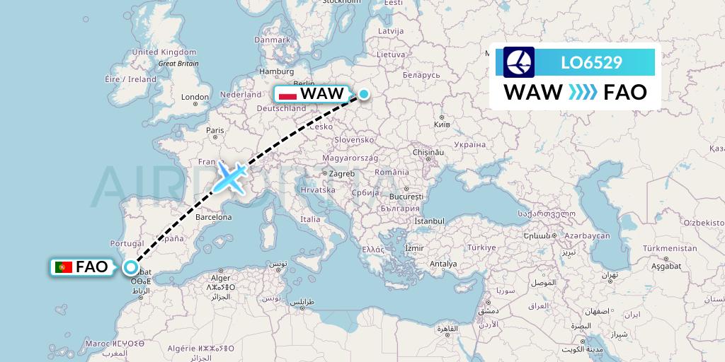 LO6529 LOT Flight Map: Warsaw to Faro