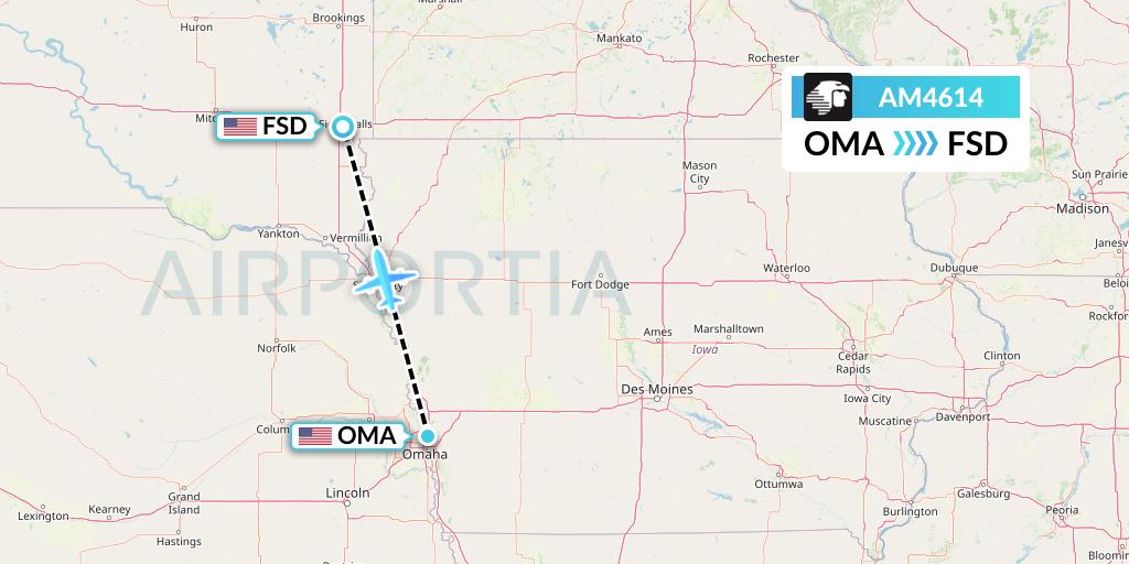 AM4614 Aeromexico Flight Map: Omaha to Sioux Falls