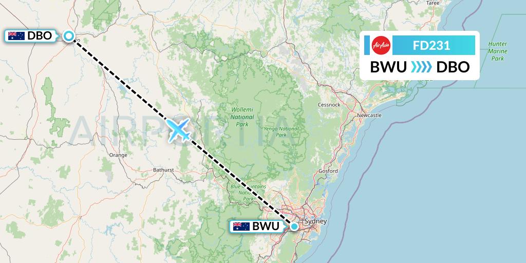 FD231 Thai AirAsia Flight Map: Bankstown to Dubbo