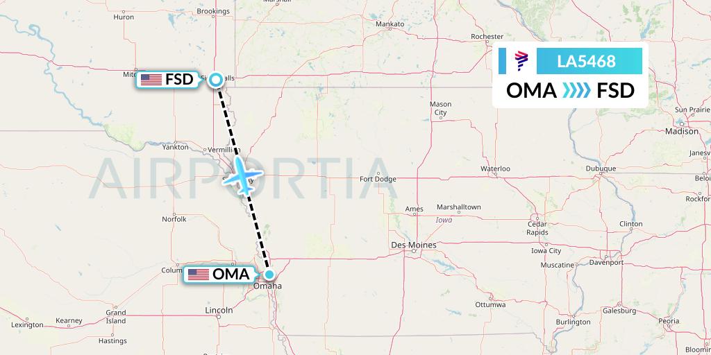 LA5468 LAN Airlines Flight Map: Omaha to Sioux Falls