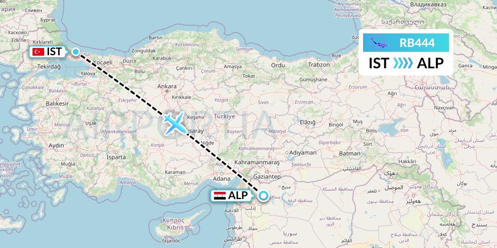 RB444 Syrian Air Flight Map: Istanbul to Aleppo