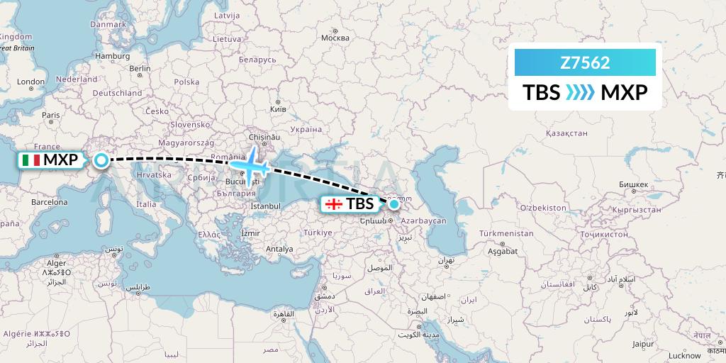 Z7562 Fly Africa Zimbabwe Flight Map: Tbilisi to Milan