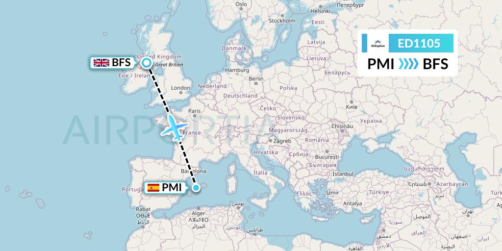 ED1105 AirExplore Flight Map: Palma de Mallorca to Belfast