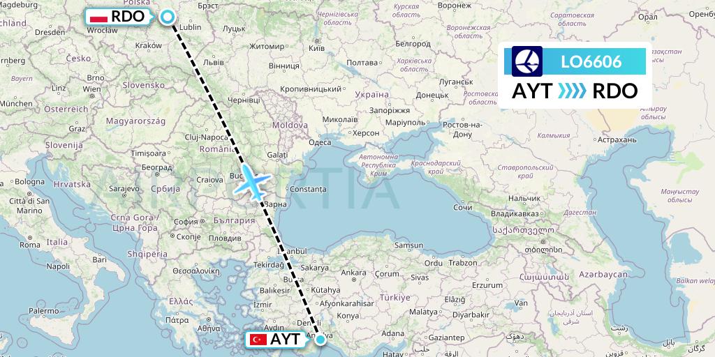 LO6606 LOT Flight Map: Antalya to Radom