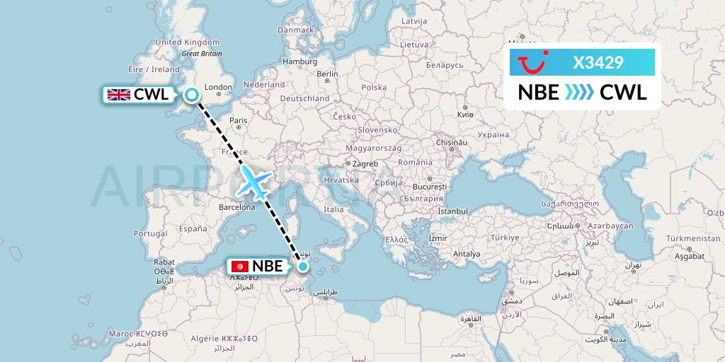 X3429 TUI fly Germany Flight Map: Enfidha to Cardiff